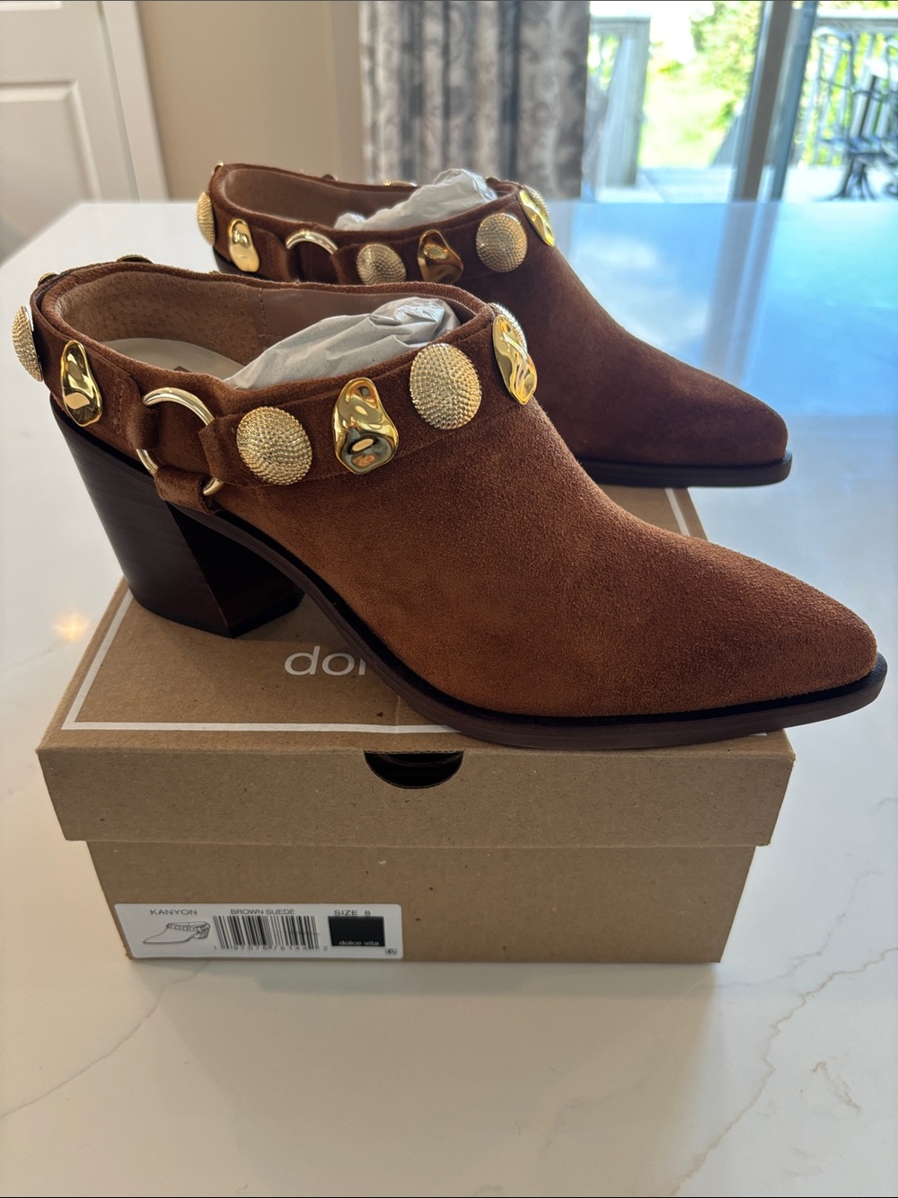 Dolce Vita Brown Suede Studded Mule Heels with Gold Accents